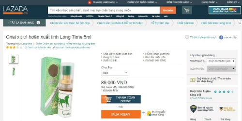 Sản phẩm chai xịt trì hoãn xuất tinh Long Time 5ml được bán trên trang thương mại điện tử LAZADA.vn