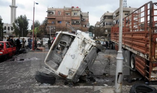 Hiện trường sau vụ đánh bom ở Damascus, Syria ngày 11/3. (Nguồn: THX/TTXVN)