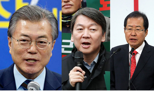 Từ trái sang phải: Các ứng viên Moon Jae-in, Ahn Cheol-soo, Hong Joon-pyo