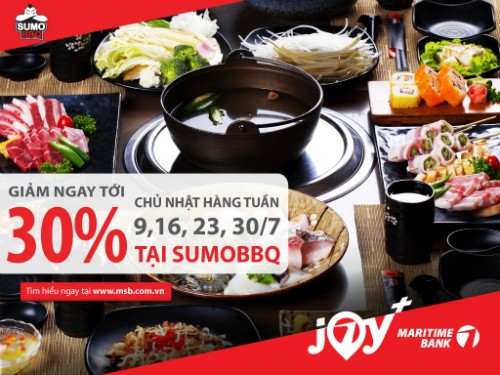 Giảm 30% hóa đơn cho chủ thẻ Quốc tế Maritime Bank khi thưởng thức món ăn tại SumoBBQ