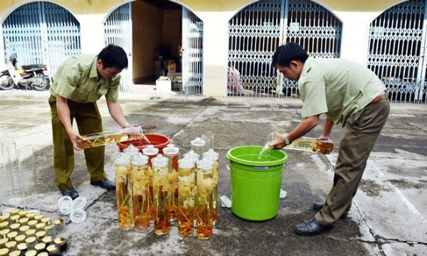 Lực lượng chức năng tiến hành tiêu hủy số rượu ngâm không rõ nguồn gốc xuất xứ. (Ảnh: Quang Thái/TTXVN)