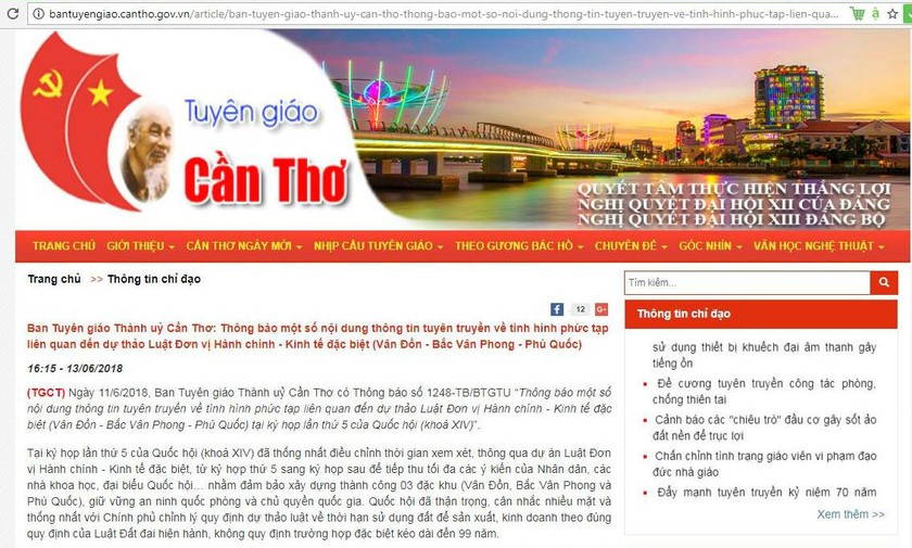 Cổng thông tin của Ban Tuyên giáo Thành uỷ Cần Thơ đăng tải thông báo định hướng tư tưởng cán bộ, đảng viên và nhân dân TP