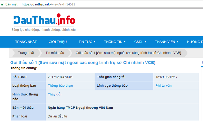 Luật Đấu thầu quy định phải đăng thông tin mời thầu trên Hệ thống mạng đấu thầu quốc gia, Báo Đấu thầu nhưng Vietcombank lại “đẩy” lên website này