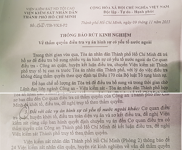 Thông báo rút kinh nghiệm của VKSND Tp.Hồ Chí Minh về thẩm quyền điều tra vụ án hình sự có yếu tố nước ngoài