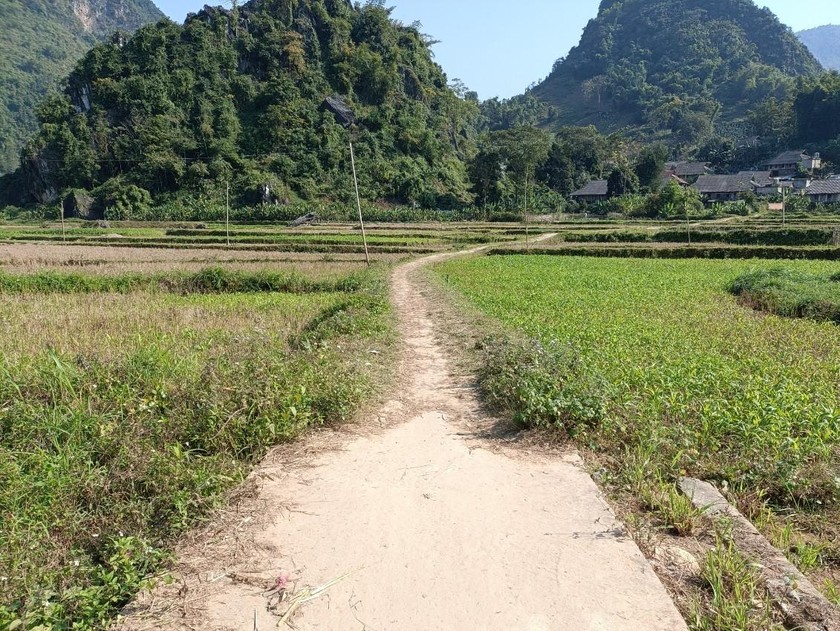 Tuyến đường bê tông vào bản Phé (Thôm Mòn) đã “đưa vào sử dụng” nhiều năm nhưng vẫn chưa hoàn thiện đoạn đầu, đoạn cuối.