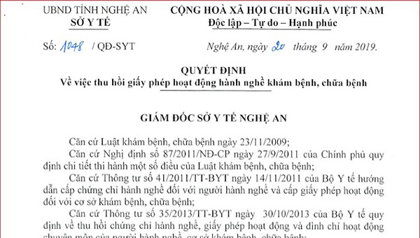 Quyết định thu hồi giấy phép hoạt động phòng khám đa khoa Vinh