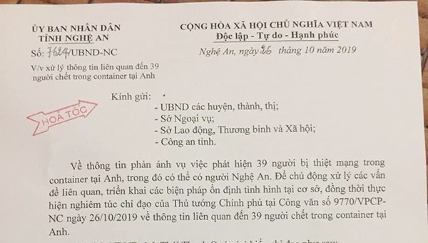 Chủ tịch tỉnh Nghệ An chỉ đạo 'hỏa tốc' xử lý thông tin liên quan vụ 39 người chết ở Anh