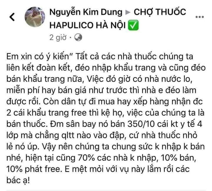 Lời kêu gọi không bán khẩu trang được chia sẽ lên trang facebook chợ thuốc Hapulico