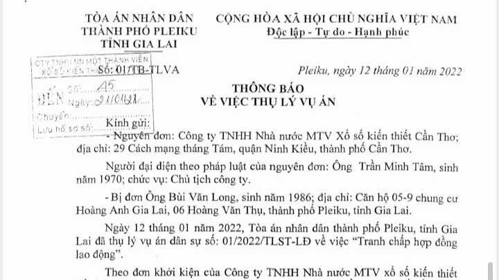 Tòa án TP Pleiku đã thụ lý vụ án và đang tiến hành các thủ tục theo quy định.