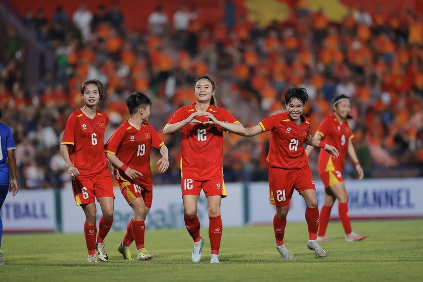 Vòng loại Asian Cup nữ 2026, bảng E, đội tuyển nữ Việt Nam thắng đậm Maldives 7-0. (Ảnh VFF) 