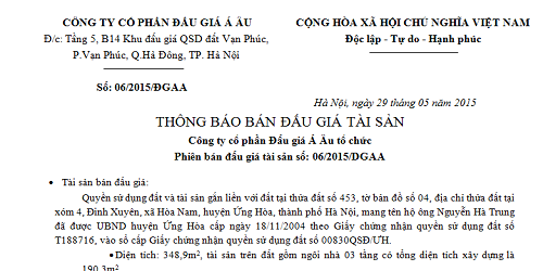 Thông báo bán đấu giá tài sản