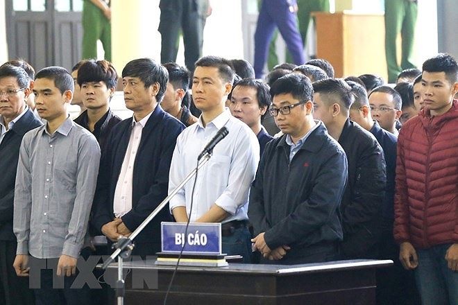 Các bị cáo tại phiên tòa sơ thẩm.