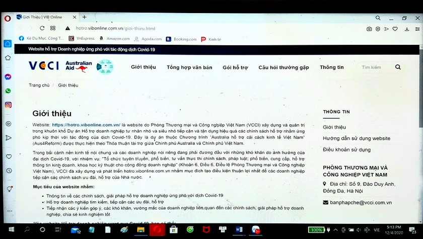 Trang Web hỗ trợ DN vượt qua COVID-19 do VCCI xây dựng và quản lý.