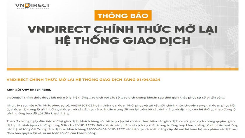 Thông báo của VNDIRECT trên trang web