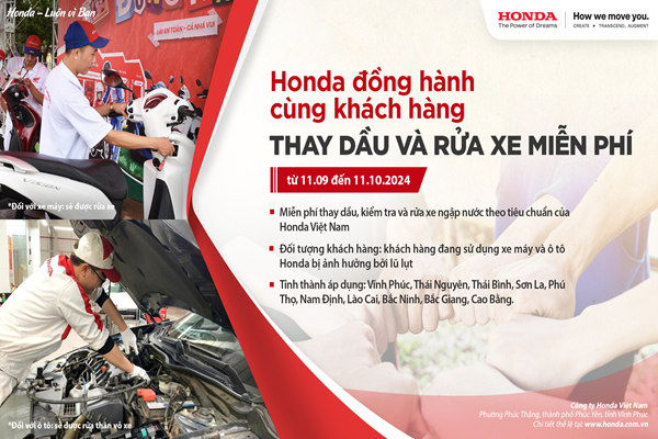 Honda kiểm tra và thay dầu miễn phí cho xe hư hại do mưa lũ ở miền Bắc