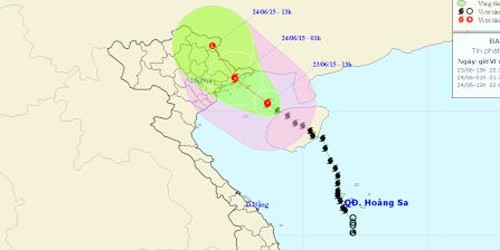 Đường đi của bão số 1 vào 21h ngày 23/6. Ảnh: KTTVTW.
