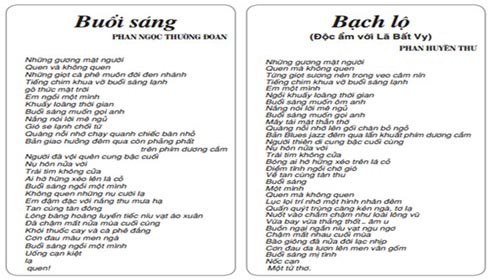 Bài thơ "Buổi sáng" của tác giả PN Thường Đoan và "Bạch Lộ" của tác giả Phan Huyền Thư.