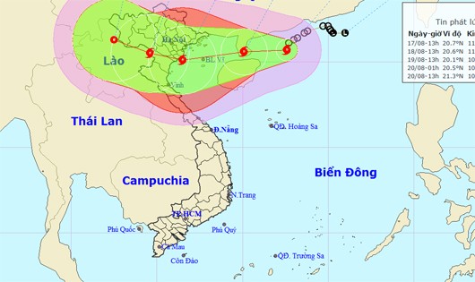 Vị trí và đường đi bão số 3  chiều 17/8.