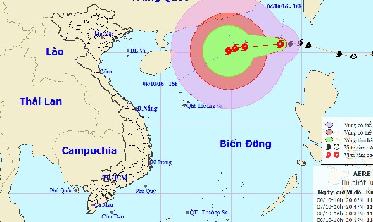 Vị trí và đường đi của bão số 6 lúc 16h hôm nay, 6/10. Ảnh từ TTDBKTTVTƯ.