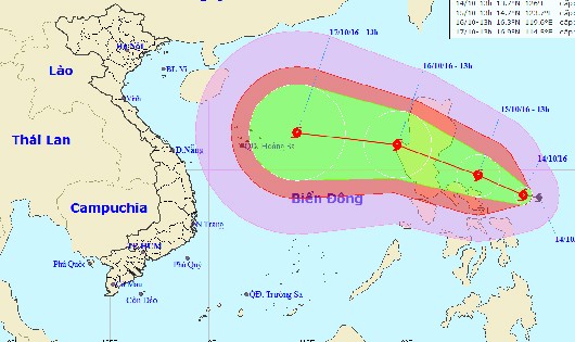 Vị trí tâm bão và đường đi bão Sarika 13h hôm nay, 14/10.