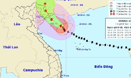 Vị trí và đường đi bão số 7 - Sarika lúc 22h hôm nay, 18/10.