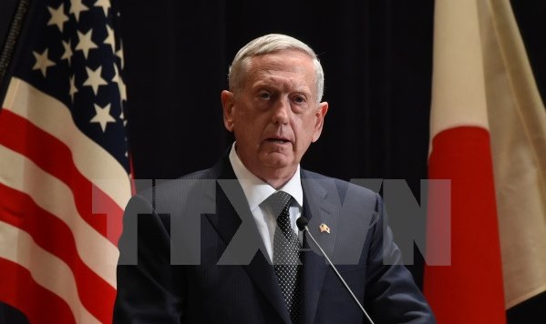 Bộ trưởng Quốc phòng Mỹ Jim Mattis tại cuộc họp báo ở Tokyo, Nhật Bản ngày 4/2. (Nguồn: AFP/TTXVN)