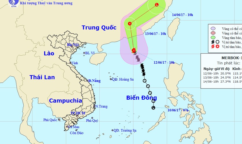 Dự báo đường đi của bão số 1 lúc 11h ngày 12/6 của NCHMF.