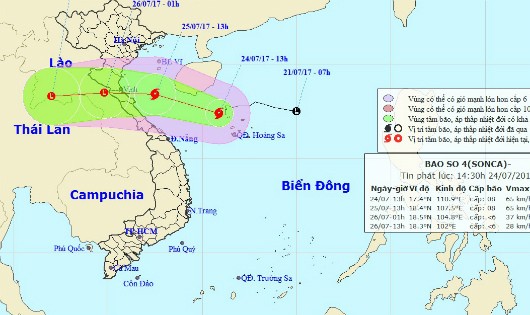 Vị trí và đường đi bão số 4 lúc 13h hôm nay, 24/7.