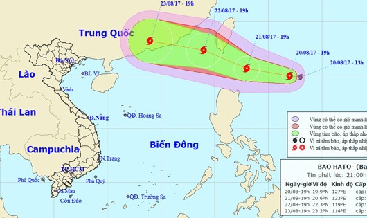 Vị trí và đường đi bão Hato vào khoảng 19h hôm qua, 20/8.