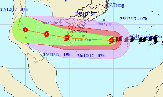 Bão giật cấp 13 tâm hướng Côn Đảo - Mũi Cà Mau, Nam bộ mưa to