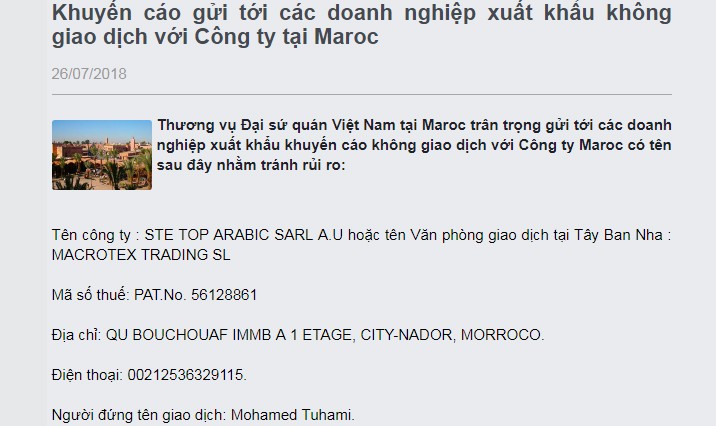 Khuyến cáo không giao dịch với 1 Công ty Maroc để tránh rủi ro