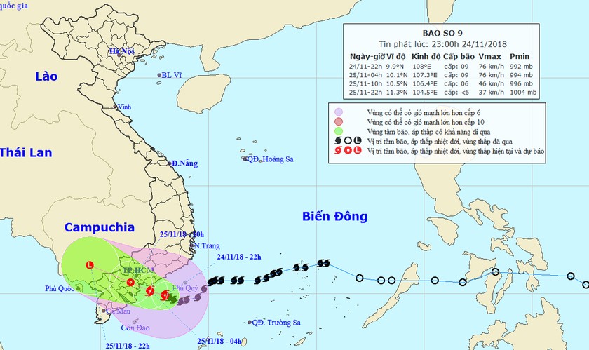 Bão giật cấp 11 - 13 tiến gần bờ, hướng đổ bộ Nam Bình Thuận - Bến Tre