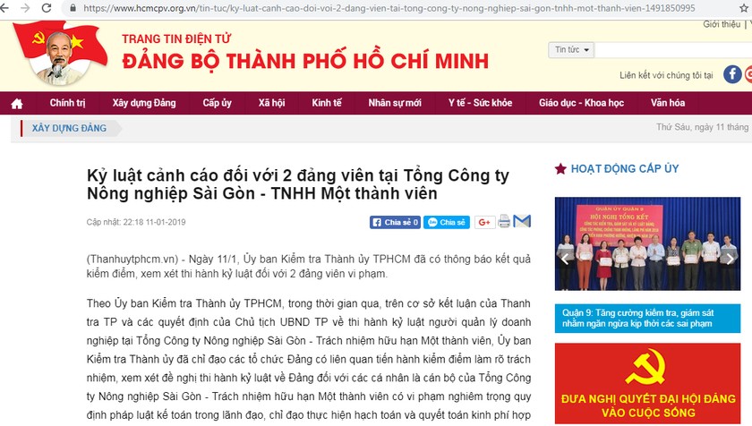 Kỷ luật Cảnh cáo Tổng Giám đốc SAGRI Lê Tân Hùng