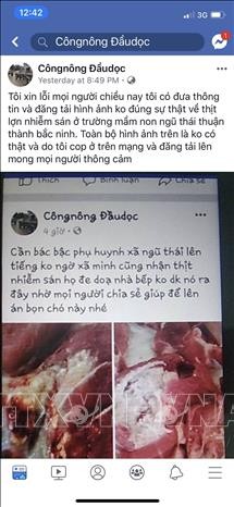 Nguyễn Bá Mạnh đã đăng tải thông tin lên mạng xã hội sai sự thật về việc sử dụng thịt lợn nhiễm sán tại Trường mầm non xã Ngũ Thái, huyện Thuận Thành, tỉnh Bắc Ninh. Chú thích ảnh