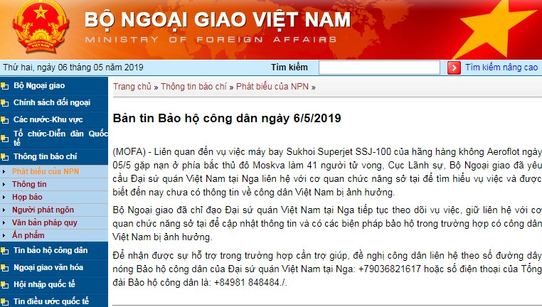 Sẵn sàng bảo hộ nếu có công dân Việt ảnh hưởng tai nạn máy bay ở Nga