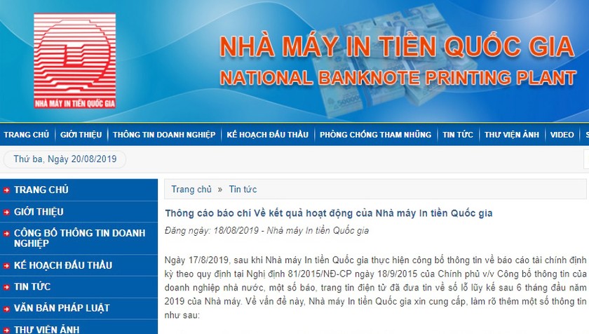 Nhà máy in tiền Quốc gia 'lên tiếng' trước tin báo lỗ