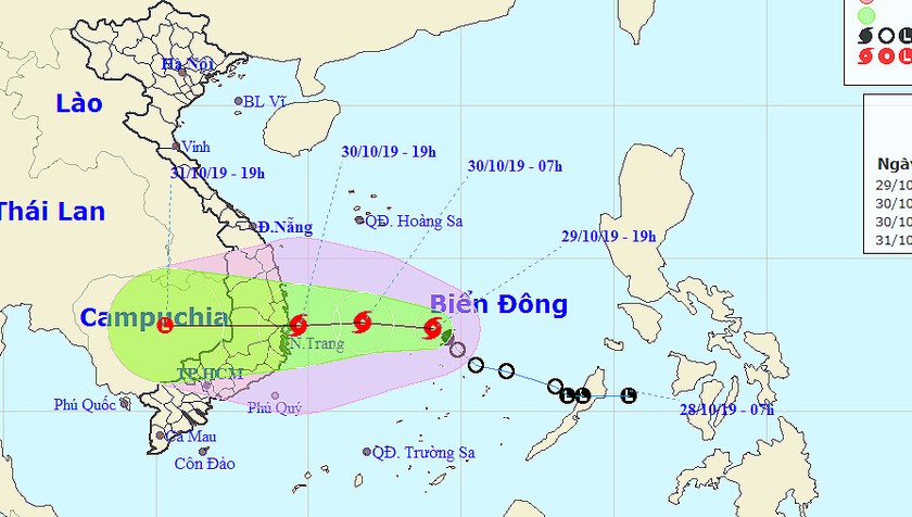 Đường đi cơn bão vào 19h hôm nay, 29/10