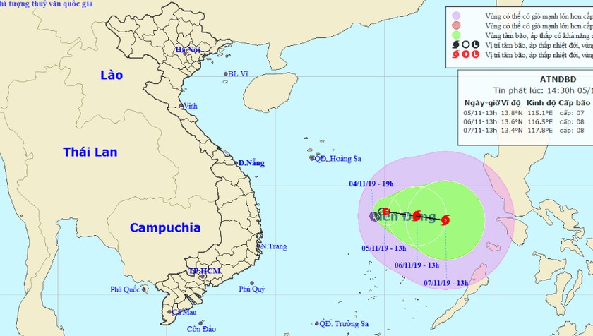 Vị trí và đường đi của ATNĐ vào 13h hôm nay, 5/11