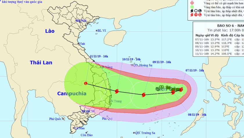 Vị trí và đường đi bão số 6 vào 16h hôm nay, 7/11.