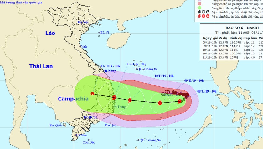 Vị trí và đường đi bão số 6 vào 11h hôm nay, 8/11.