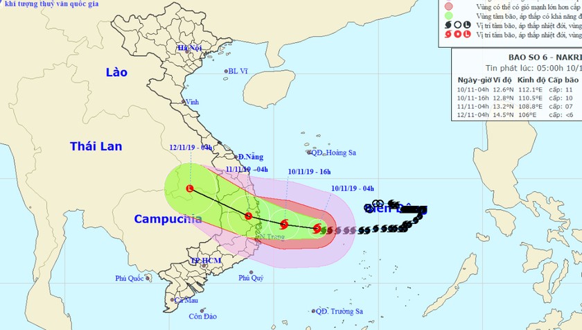 Vị trí và đường đi của bão số 6 vào 4h hôm nay, 10/11.