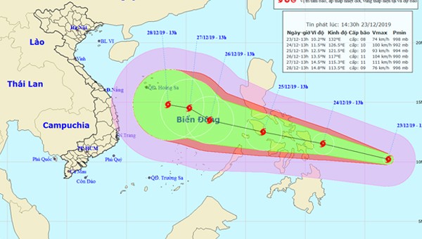 Vị trí tâm bão và đường đi của bão PHANFONE.