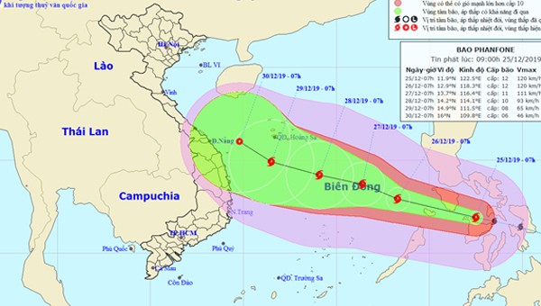 Vị trí tâm bão và đường đi của bão sáng nay, 25/12.