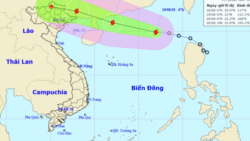 Vị trí tâm bão và đường đi của bão số 4 sáng nay, 18/8.