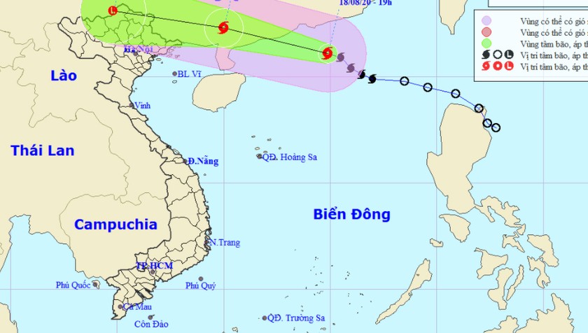 Vị trí tâm bão và đường đi của bão tối nay, 18/8.