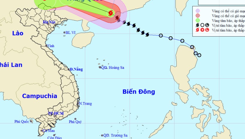 Vị trí tâm bão và đường đi của bão sáng nay, 19/8.