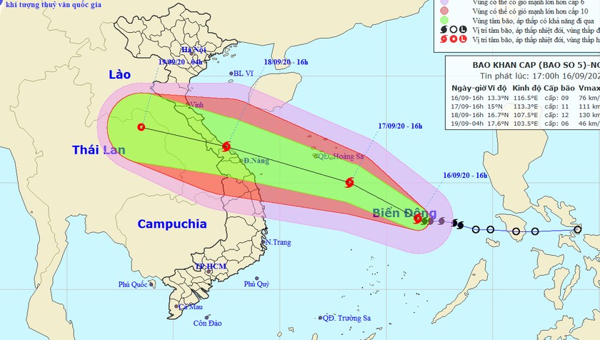 Vị trí tâm bão và đường đi bão số 5 chiều tối nay, 16/9.