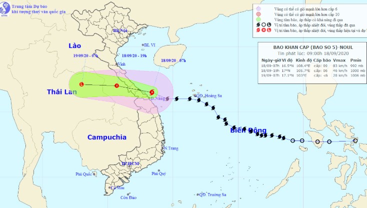 Vị trí tâm bão và đường đi của bão sáng 18/9.