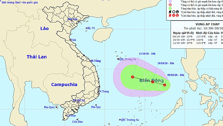 Vị trí trung tâm và đường đi của vùng áp thấp sáng nay, 9/10.