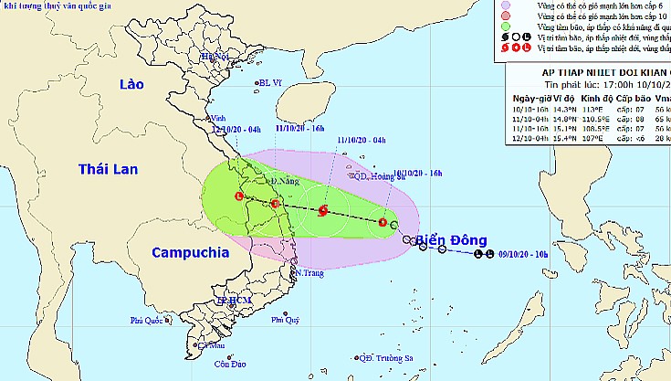 Vị trí tâm và đường đi của ATNĐ chiều nay, 10/10.